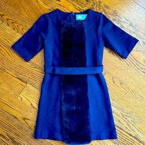 Three Bows Lux Navy Fur panel Dress size 4 5 🎀🌿💙
